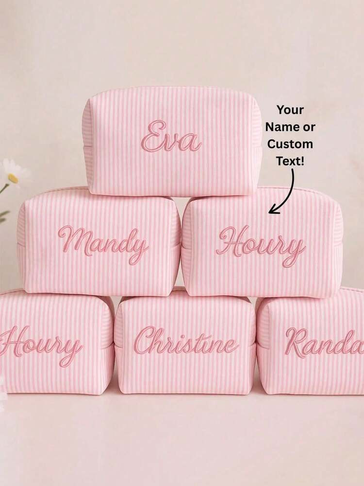 Customized Text & Striped Travel Toiletry Bag - Personalized Zipper Cosmetic Organizer Pouch, Portable Polyester Storage Box, Suitable For Travel, School, Dorm Or Home - Perfect Gift For Mom And Wife, School Essential Organizer, Waffle Material + Exclusive Name Embroidery, Christmas, Valentine's Day Gift, Makeup Brush Holder, Makeup Mirror Makeup Brush Lipstick Organizer, Portable For Business Trip And Travel. Suitable For Storing Cosmetics, Stationery, Car Accessories Christmas Beauty Accessories | SHEIN