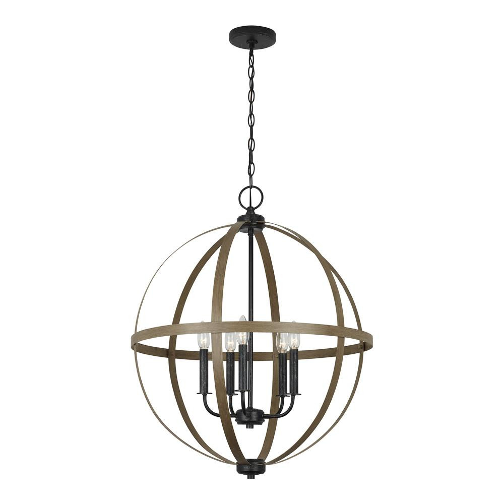Calhoun 24 in. W 5-Light Weathered Gray Rustic Farmhouse Orb Chandelier with Distressed Oak Globe... | The Home Depot