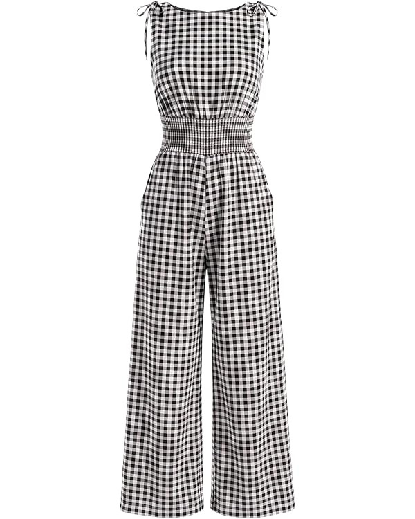 Women's Gingham Sleeveless Jumpsuit Smocked Waist Wide Leg Culotte Romper Tie Shoulder Summer One... | Amazon (US)