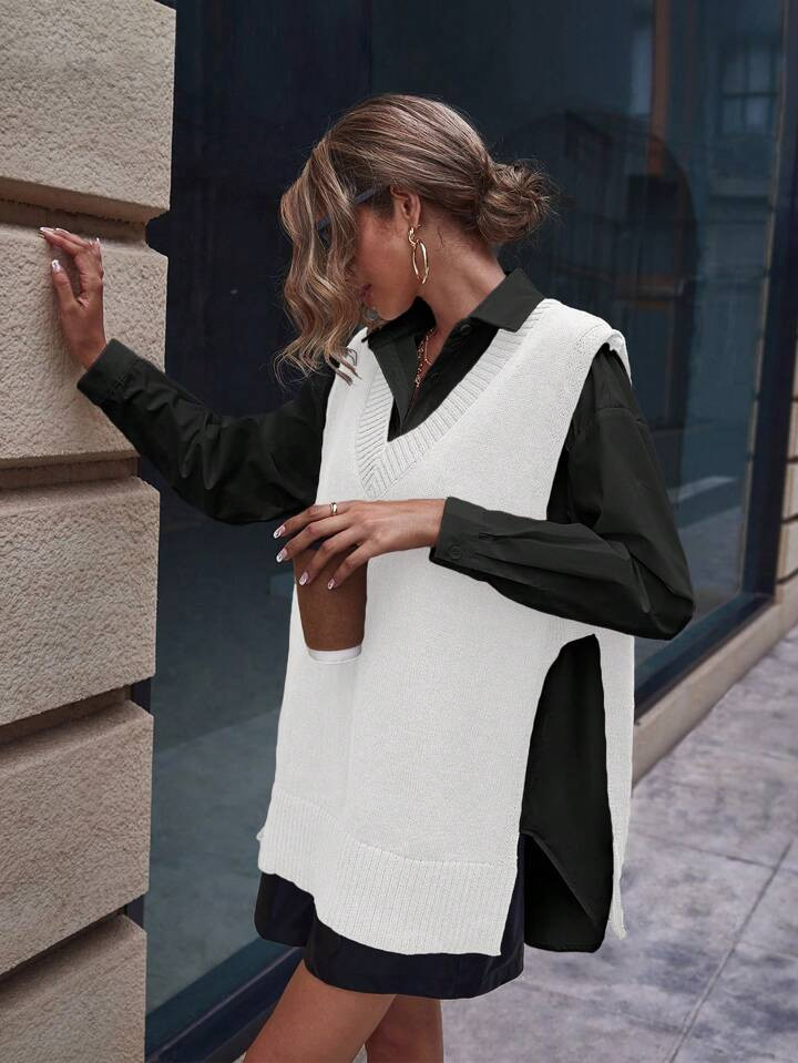SHEIN Essnce Split Hem Sweater Vest Without Blouse | SHEIN