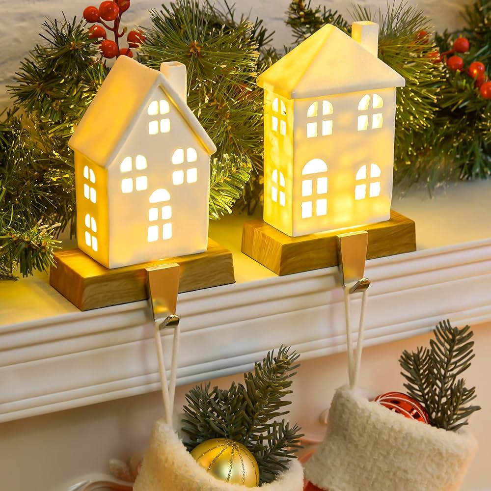 Christmas Stocking Holders for Mantle, Set of 2 Christmas Mantle Wood Room Stocking Hangers with ... | Amazon (US)