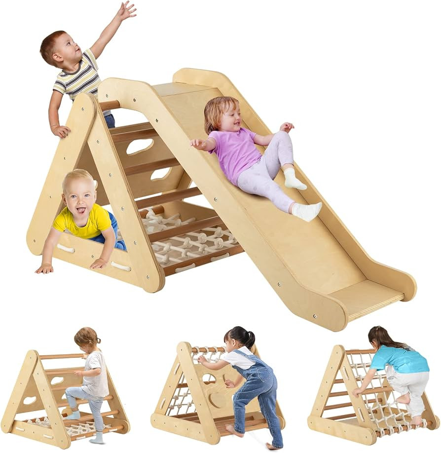 Costzon 4 in 1 Climbing Toy for Toddlers, 3-Sided Montessori Wooden Triangle Climber with Sliding... | Amazon (US)