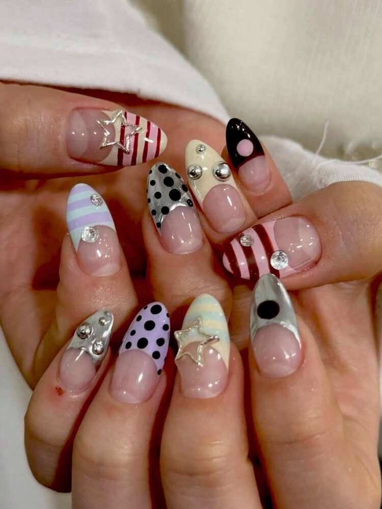 24pcs Medium-Long Almond Shaped Nail Stickers, Y2K Avant-Garde Style, Decorated With Black Polka Dots, Rainbow Pastel Yellow Contrast, Blue & Purple Stripes, French Manicure Design, Paired With Metal Pentagram, White Rhinestones, Personalized Silver Accents And Steel Beads. Sweet And Stylish, Perfect For Dates, Parties And Concerts. Portable Fake Nail Kit Includes 1pc Jelly Gel And 1pc Nail File. Nails Nail Supplies | SHEIN