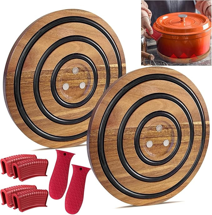 2Pcs Magnetic Wooden Trivets for Hot Pots & Pans, Heat Resistant Acacia Wood Trivets with 2 Silic... | Amazon (US)