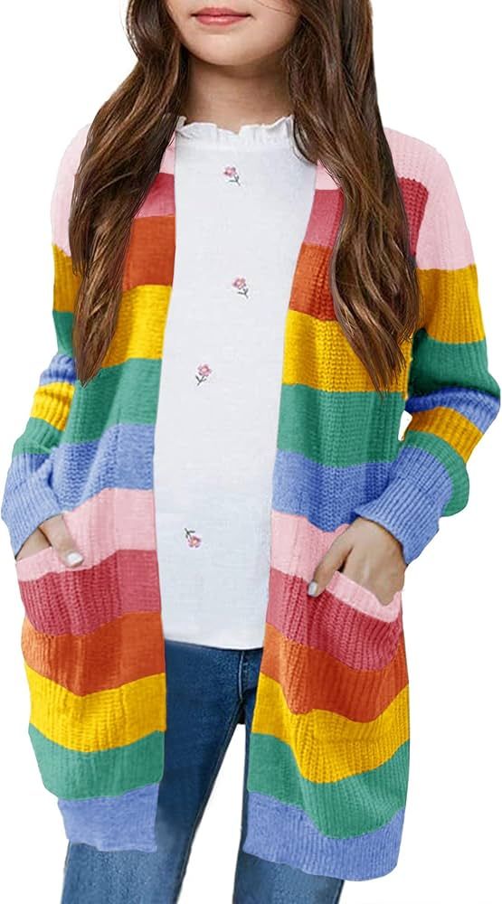 Girls Cardigan with Pockets Open Front Striped Color Block Knitted Soft Sweater Coat | Amazon (US)