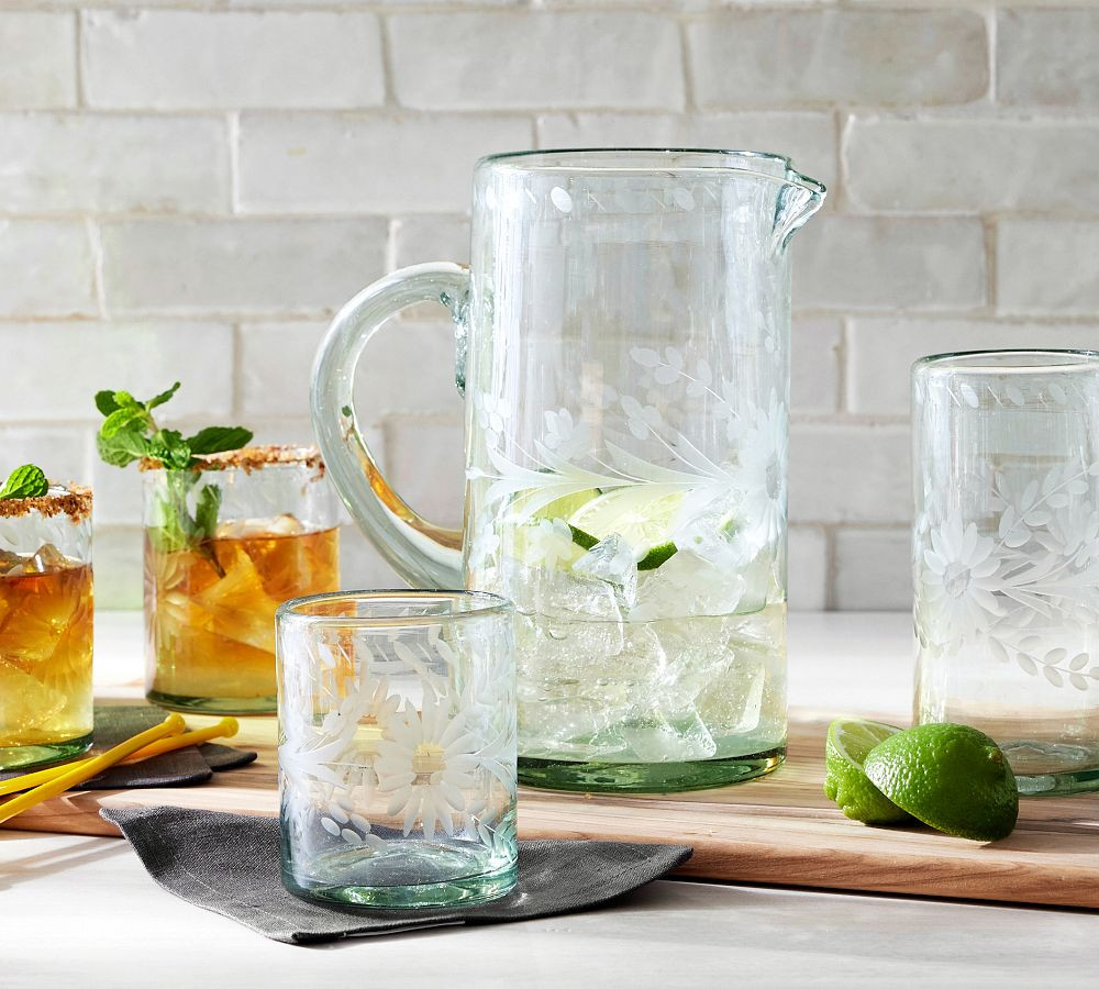 Etched Floral Recycled Glass Pitcher | Pottery Barn (US)