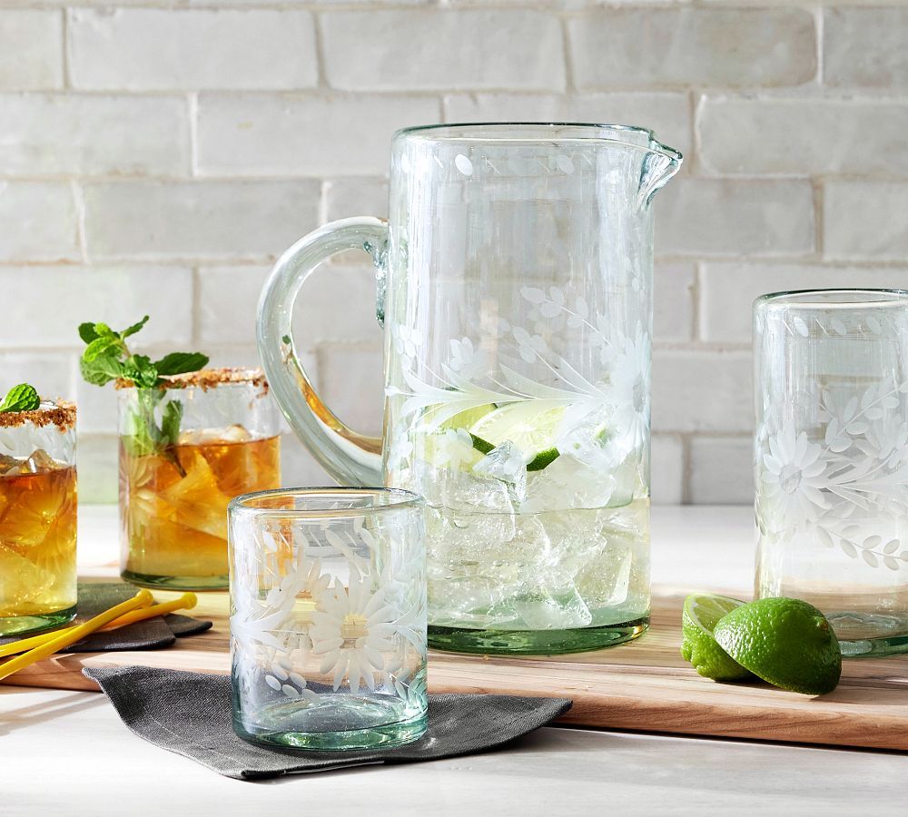 Etched Floral Recycled Glass Pitcher | Pottery Barn (US)