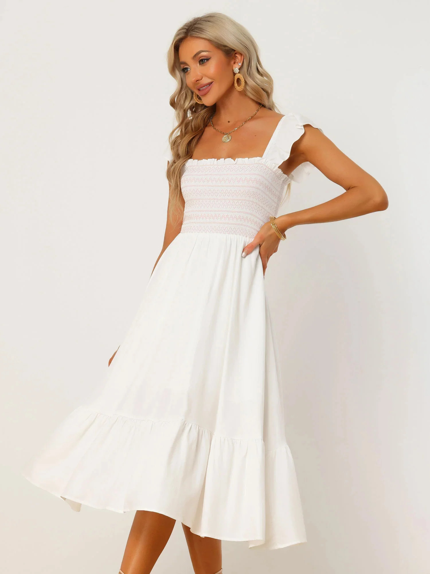 Boho Square Neck Ruffle Tiered Flowy Smocked Midi Dress Sundress | allegra-k