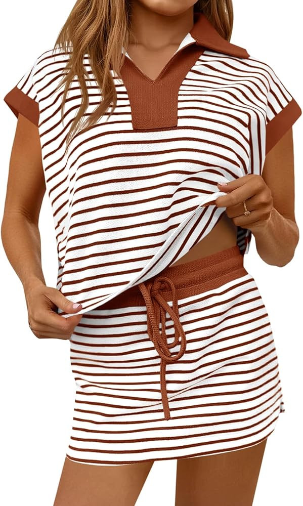 Fisoew Womens Striped 2 Piece Outfits Casual Sweatshirt Skirt Set Short Sleeve Skort Workout Set ... | Amazon (US)