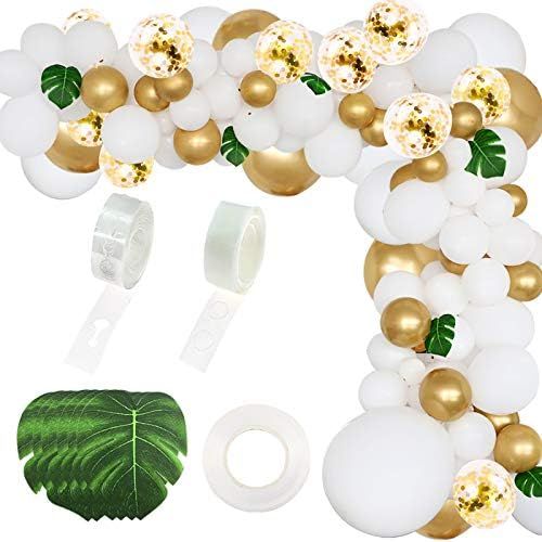 RUBFAC 146pcs White Gold Balloon Garland Arch Kit, with Clear Gold Confetti Balloons and Green Le... | Amazon (US)
