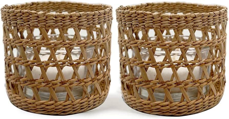Natural Rattan Woven Tea Light Candle Holder, Decorative Rustic Vintage Seagrass Votive Candle Ho... | Amazon (US)