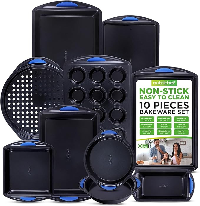 NutriChef 10-Piece Nonstick Bakeware Set - Heavy Duty Carbon Steel Baking Trays w/Silicone Handle... | Amazon (US)