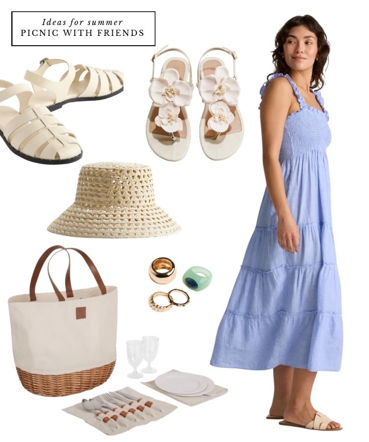 Summer picnic outfit, beach party outfit / blue midi dress, picnic basket, white sandals, summer dress, summer dresses, summer outfits

#LTKsummer #LTKdresses