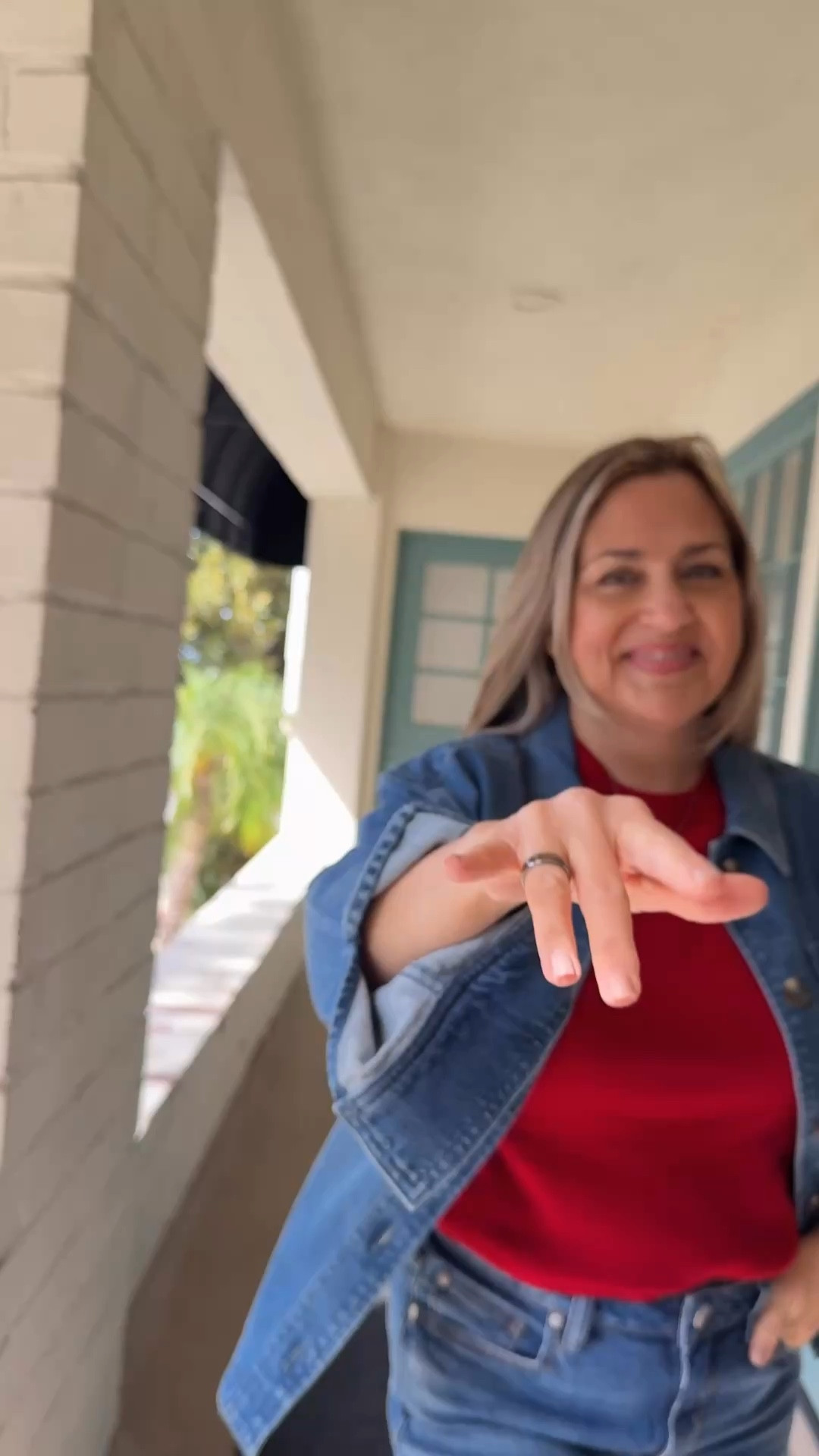Here’s a great denim on denim moment with a pop of red! my jeans are only $50 and the cashmere short sleeve sweater is $45! The denim jacket is so cute and soft and goes with so many things ￼ 

@Carve Designs @Quince @adidas 

#LTKootd #LTKOver40 #LTKdayinmylife