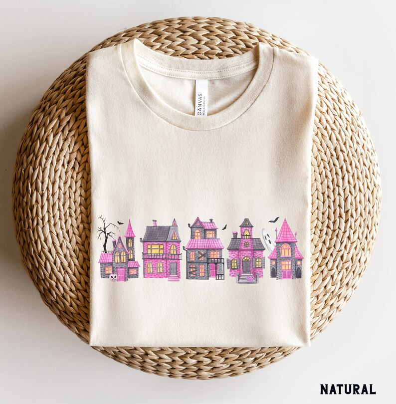 Retro Halloween Shirt for Women, Watercolor Pink Haunted House Shirt, Vintage Halloween Tee, Spoo... | Etsy (US)