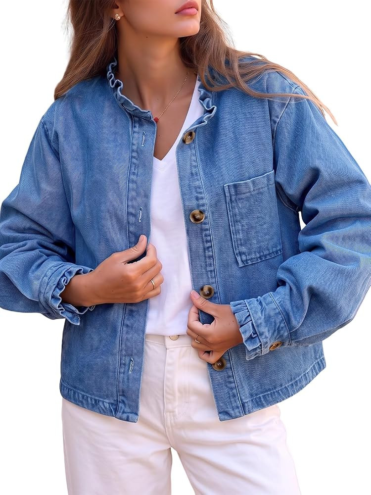 Womens Denim Shirt Casual Button Down Long Sleeve Open Front Ruffle Fall Jean Blouses Tops with C... | Amazon (US)