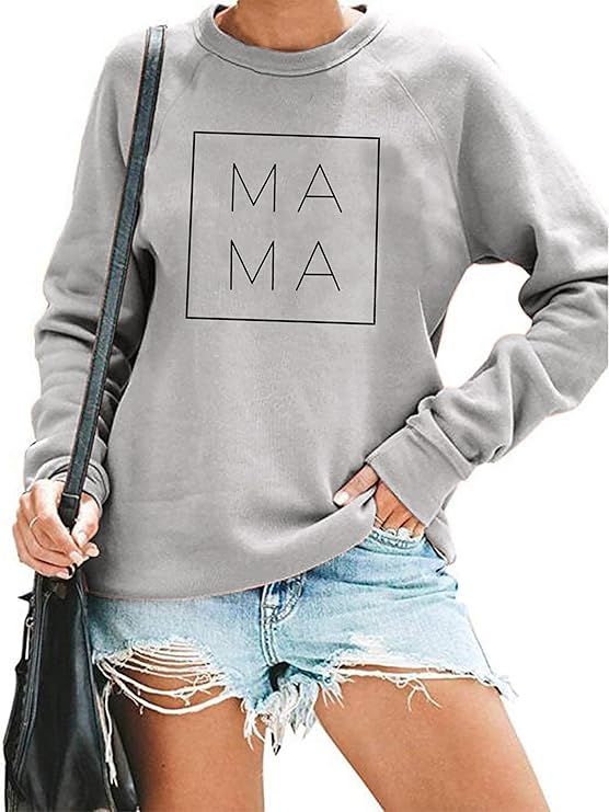 Mama Sweatshirt Women Mom Life Letter Print Blouse Shirt Casual Crewneck Pullover Tops | Amazon (US)
