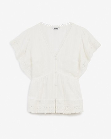 Button Front Ruffle Sleeve Lace Top | Express