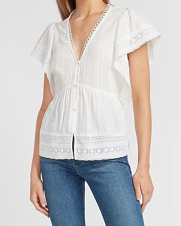 Button Front Ruffle Sleeve Lace Top | Express
