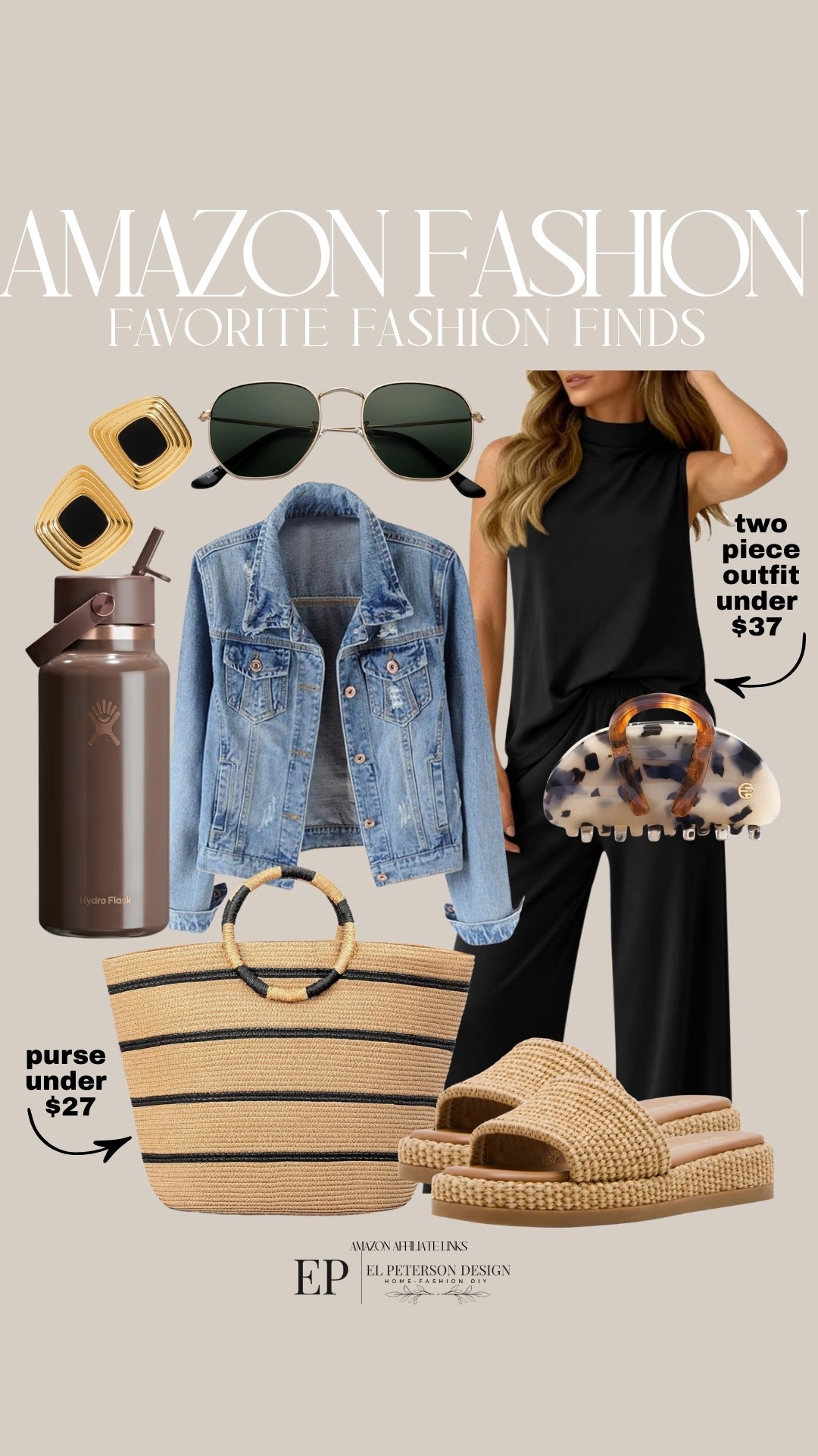 Amazon Fashion
Jean jacket
2 pc outfit
Purse
Sandals
Claw clip
Earrings
Sunglasses
Tumbler
2 pc outfit 