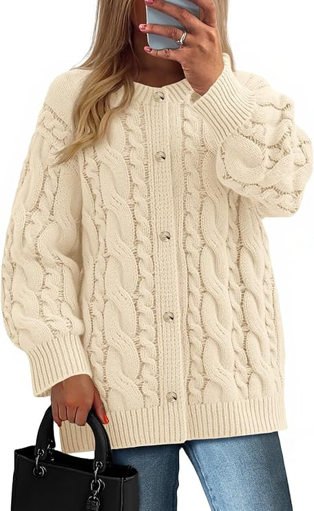 Saodimallsu Womens Cable Knit Cardigan Sweaters Chunky Button Up Long Sleeve Crew Neck Warm Loose... | Amazon (US)