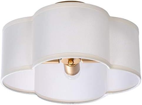 VILUXY Semi-Flush Mount Ceiling Light Fixture Off-White Fabric Drum Shade Antique Brass Brush Paint  | Amazon (US)