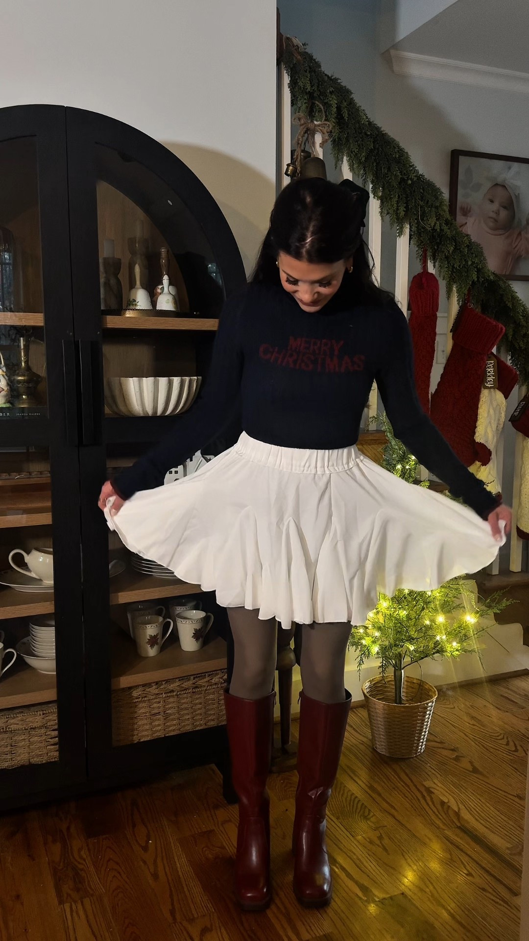 Holiday outfit styling! These fleece lined tights make it the fancy yet cozy holiday inspired outfit!  Christmas outfits, Christmas, outfit, Christmas clothes, holiday outfit, holiday party outfit