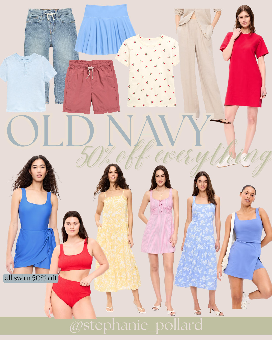 Old Navy 50% off EVERYTHING sale! Ends Wed 3/325. 

Shirts under $5
Swim starting at $12
Dresses starting at $10

50% off everything from easter outfits, to swimsuits, women's dresses, activewear, and more! 

Linen pants for 60% off too!  

 #LTKSaleAlert #LTKPetite #LTKSwim
