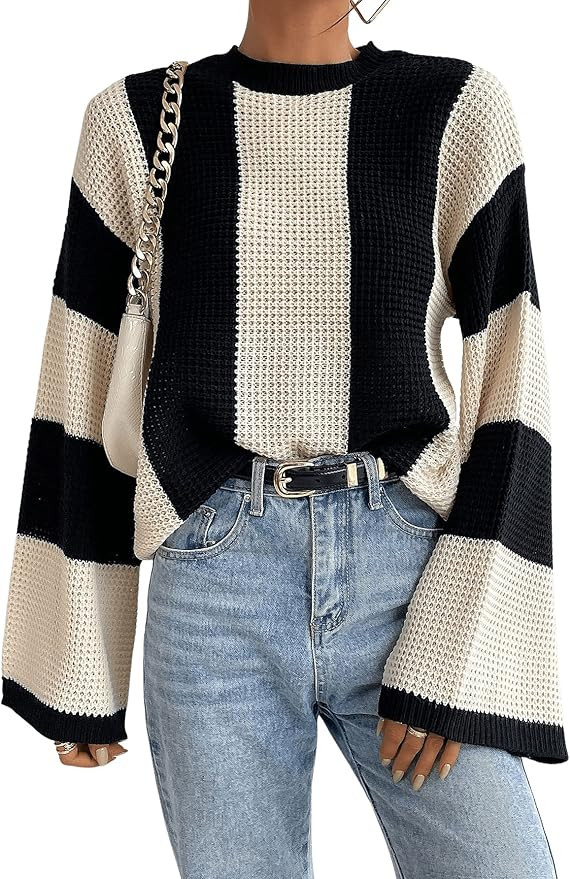 Verdusa Women's Colorblock Bell Sleeve Mock Neck Knit Sweater Pullover Top | Amazon (US)