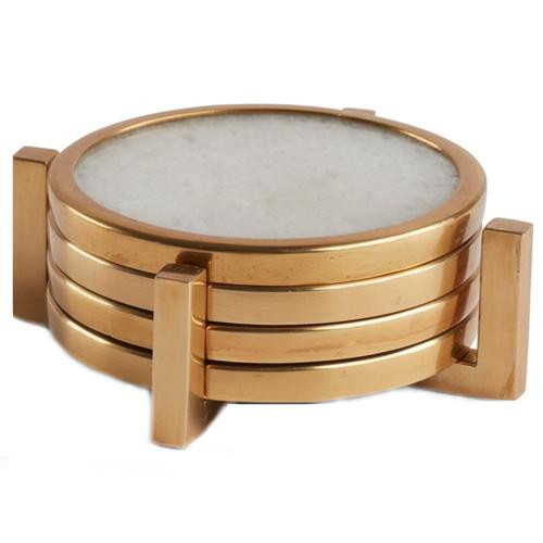 Reign Modern Classic White Quartz Gold Brass Coaster - Set of 4 | Kathy Kuo Home