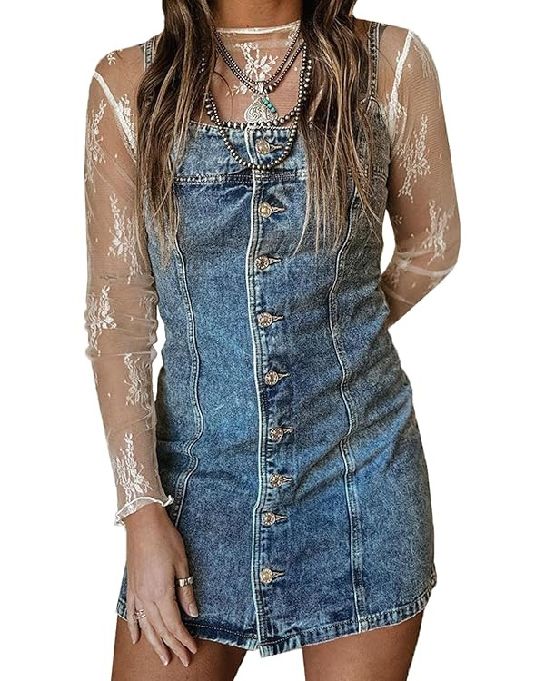 cffvdiz Women's Sleeveless Halter Short Denim Dress Slim Button Down Bodycon Jean Dresses | Amazon (US)