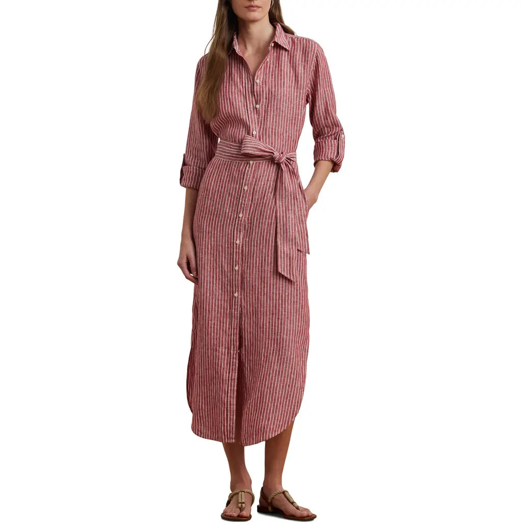 Lauren Ralph Lauren Stripe Long Sleeve Linen Shirtdress in Light Red/White at Nordstrom, Size 2 | Nordstrom