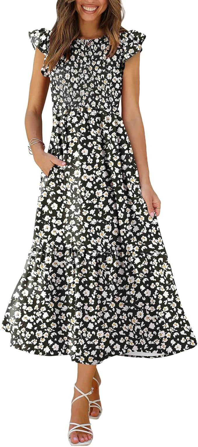 OFEEFAN Women's Casual Maxi Dresses with Pockets Ruffle Sleeve Smocked Dress XS-2XL | Amazon (US)