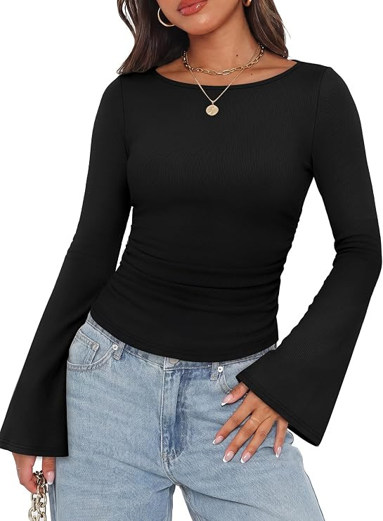WIHOLL Bell Sleeve Tops for Women Boat Neck Ruched Ribbed Long Sleeve Fall Shirts for Women 2026 | Amazon (US)