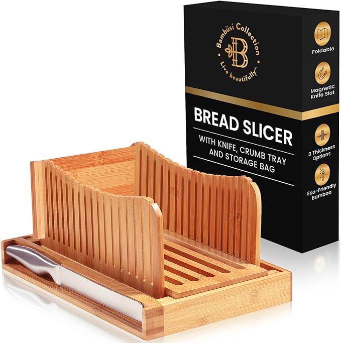 Bambüsi Bamboo Bread Slicer with Knife - 3 Slice Thickness, Foldable Compact Cutting Guide with ... | Amazon (US)