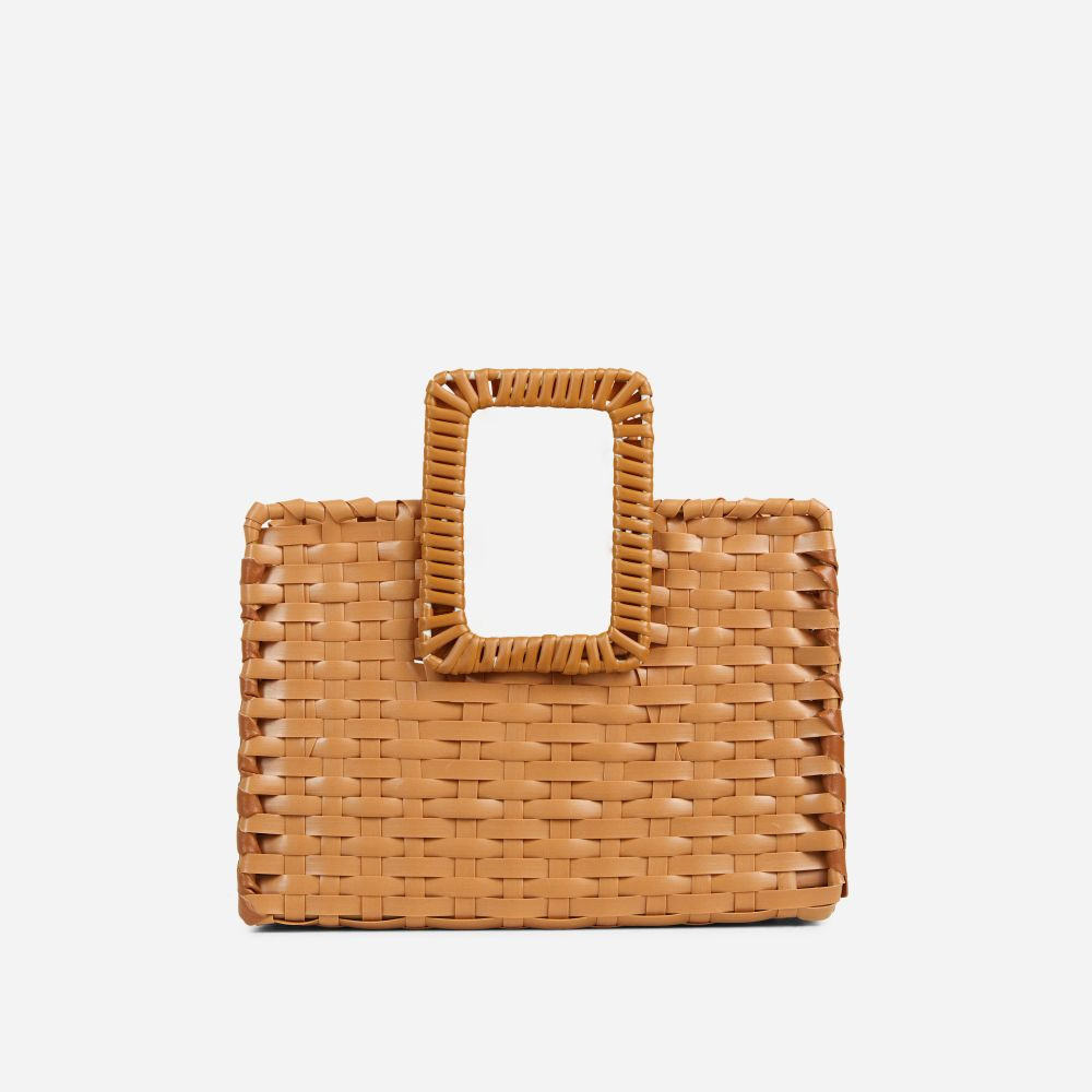 Theros Cut Out Handle Detail Rectangle Shaped Wicker Grab Bag In Tan Brown Faux Leather | EGO (UK)