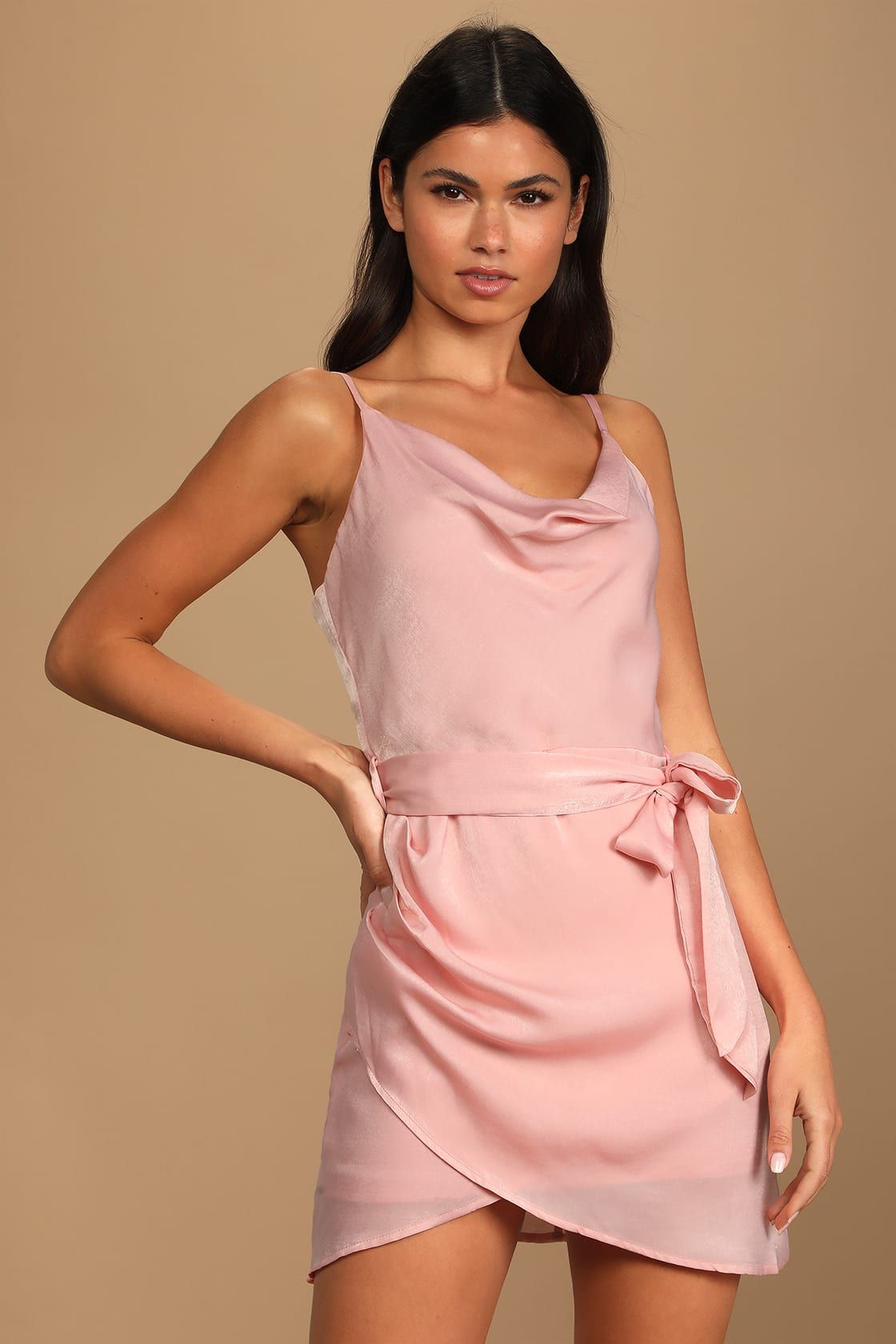 Here for Us Blush Pink Satin Cowl Neck Mini Dress | Lulus (US)