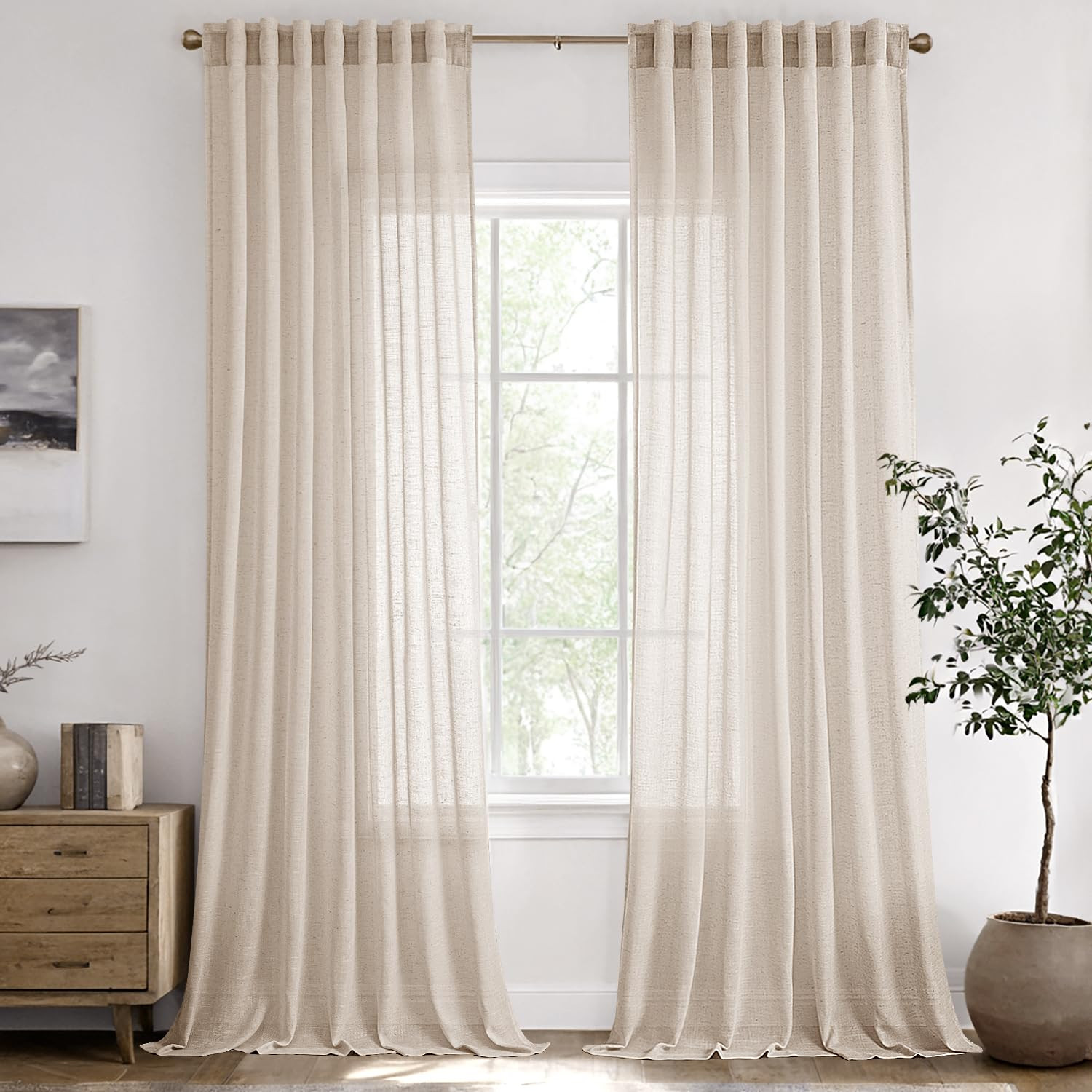 ANRODUO Cream Beige Back Tab Linen Curtains 90 inch Length for Living Room 2 Panel Set Rod Pocket... | Amazon (US)