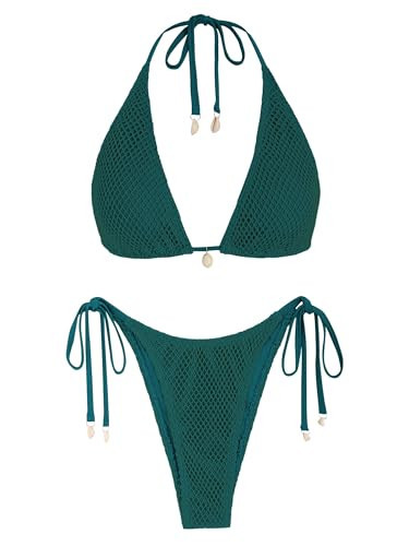 ZAFUL Women's Triangle Bikini Multiway Fishnet Tie Side Bandeau Halter String Bikini Set Two Piece Swimsuit Bathing Suits (1-Forest Green, S) | Amazon (US)
