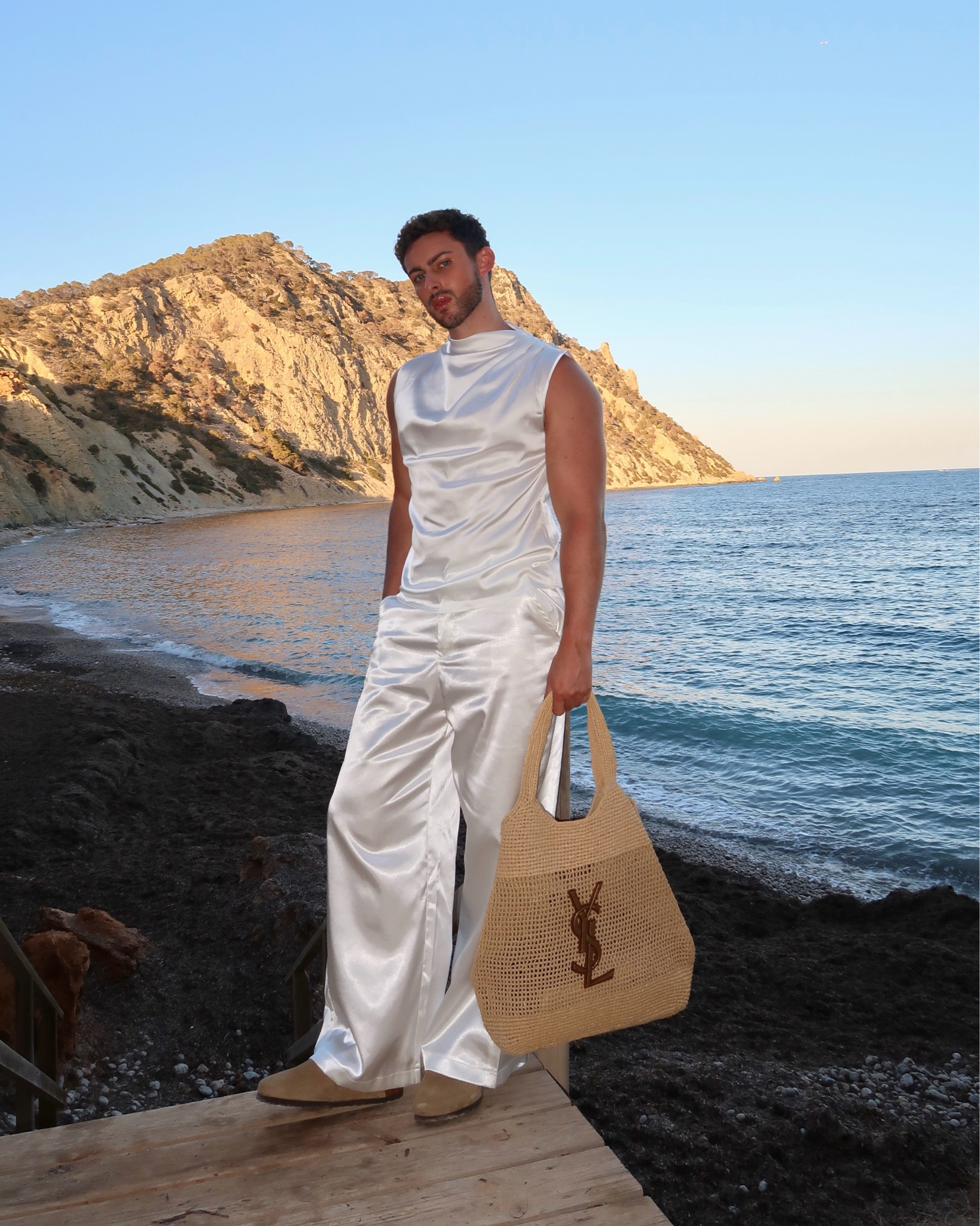 a evening at amante 🐚 
Satin co ord, co ord, ysl bag, beach bag, Birkenstock, beach shoes, holiday outfit, vacation outfit, minimal, neutral 

#LTKmens #LTKsummer #LTKeurope