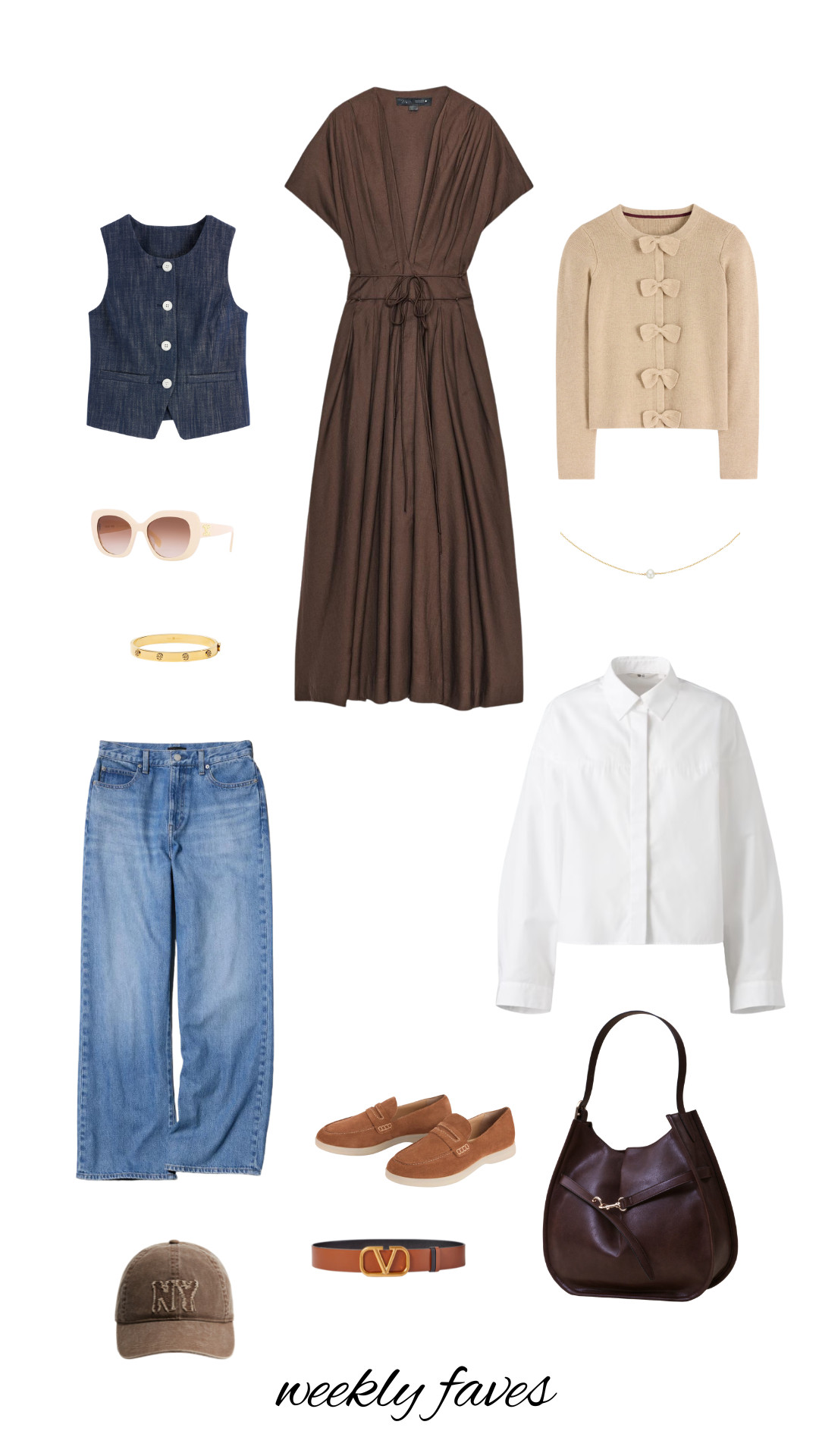 Zara, Uniqlo, Boden, Brown Dress, Jean Waistcoat, Bow Cardigan, White Shirt, Blue Jeans, Sunglasses, Bracelet, Necklace, Brown Bag, Tan Loafers, Cap, Belt 

 #LTKuk #LTKautumn #LTKstyletip
