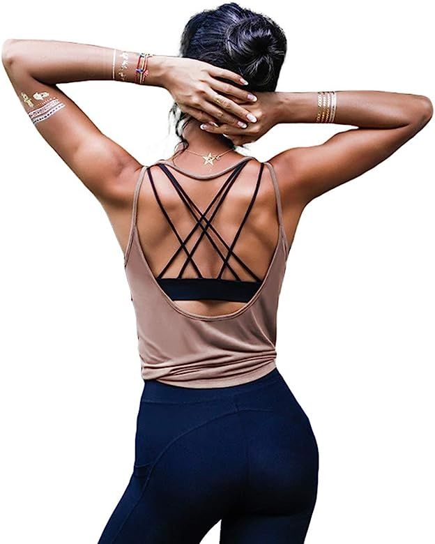 OYANUS Womens Summer Workout Tops Sexy Backless Yoga Shirts Open Back Activewear Running Sports Gym  | Amazon (US)
