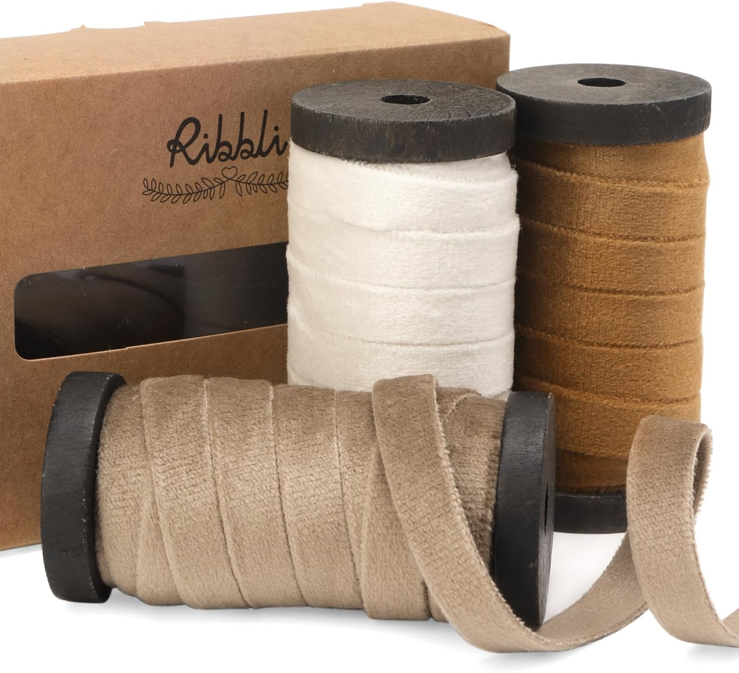 Ribbli Camel White Khaki Velvet Ribbon 3 Rolls Double Faced 3/8 Inch 18-Yard with Wooden Spool Us... | Amazon (US)