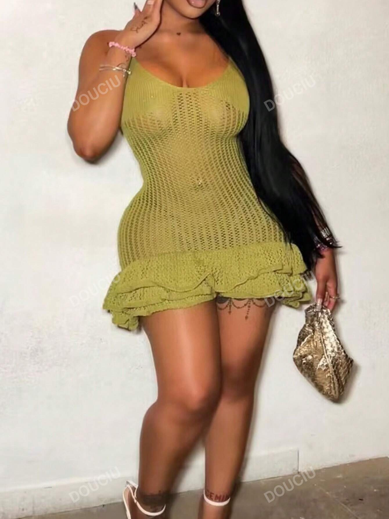Ruffle Hem Open Knit Sweater Dress | SHEIN