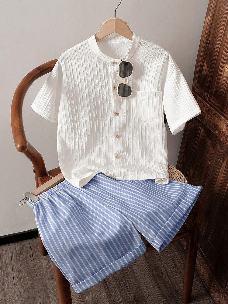 SHEIN Vintaside Kids 2pcs/Set Tween BoyCommuter Casual Textured Striped Fabric Stand Collar Shirt & Striped Shorts, Comfortable & Fashionable | SHEIN