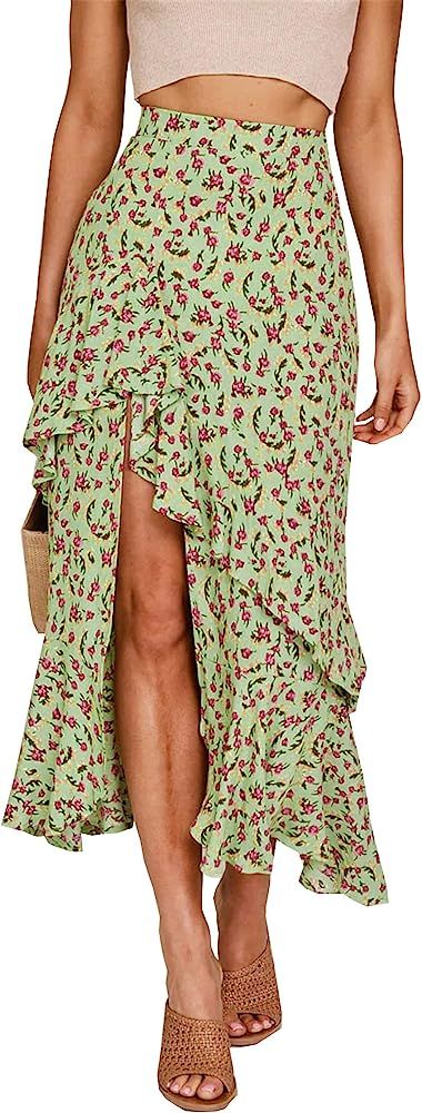 BTFBM Women Boho Floral Print Long Skirts Dress Chic High Low Side Split Ruffle Hem Elastic Waist Sw | Amazon (US)
