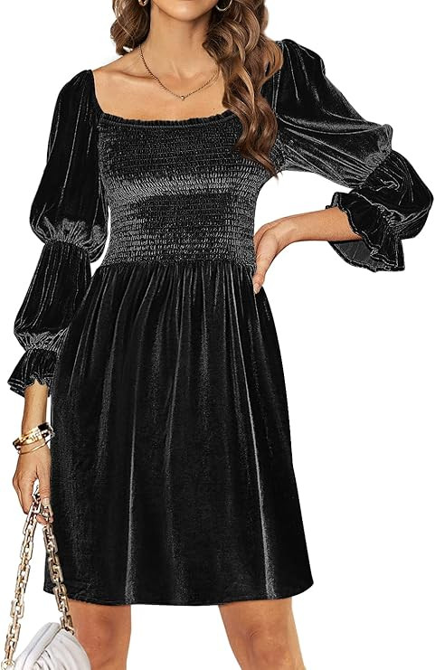 IVIR Womens Velvet Square Neck Dress Long Puff Sleeve A-Line Casual Short Mini Dresses | Amazon (US)