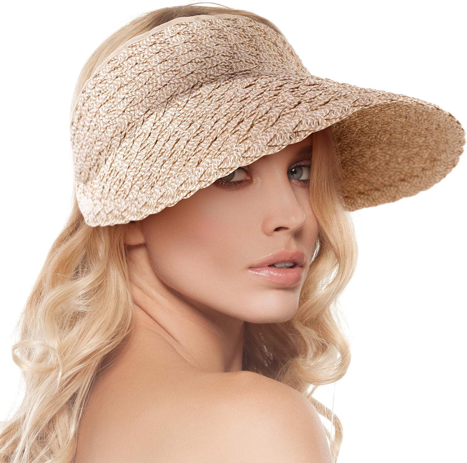 Women's Wide Brim Sun Hats Roll-up Foldable Straw Golf Visor Hat | Amazon (US)