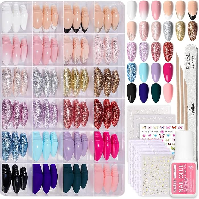 Beetles Press on Nails Kit 720Pcs 24 Colors, Press on Nails Short Almond Glossy Matte Glitter Wit... | Amazon (US)