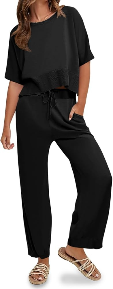 Fisoew Womens 2 Piece Outfits Sweater Sets Knit Split Crop Tops High Waisted Pants Lounge Set | Amazon (US)